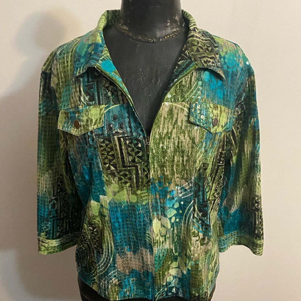 N Touch Green/Blue embellished zip front 3/4 sleeves jacket, size 12